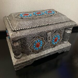 Filigree Silver-Tone Jeweled Trinket Box with Turquoise and Coral Accents